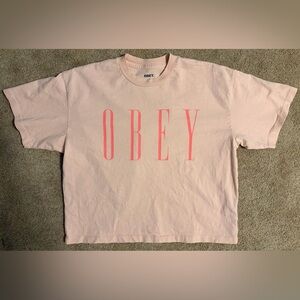 100% Cotton Obey Light Pink Tee with Bold Logo & Short Hem(Size S but fit is M)